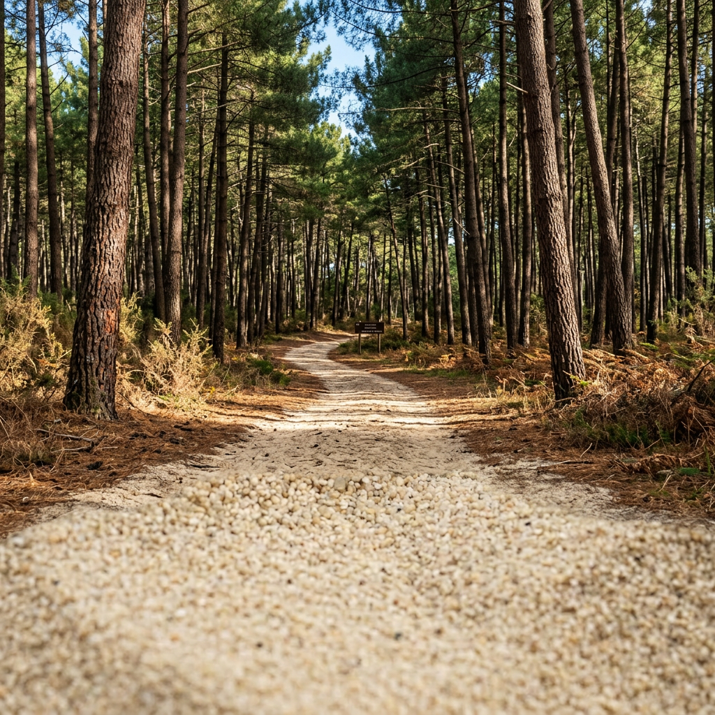 Forest trail surrounded by tall pine trees with gravel on the path
